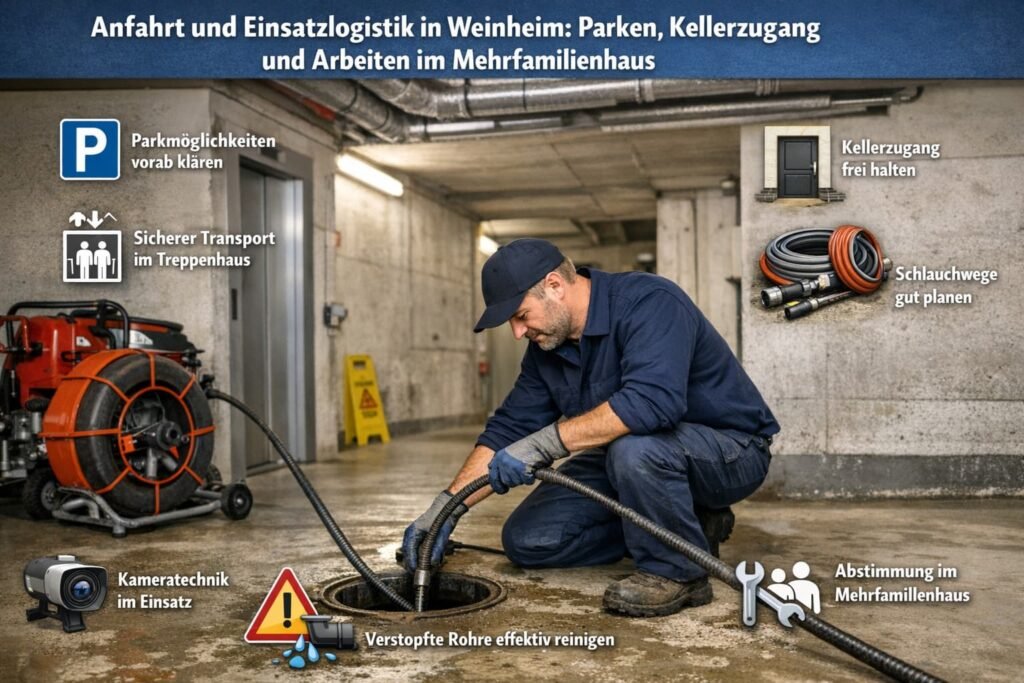 Handwerker führt Kanalreinigung im Keller eines Mehrfamilienhauses in Weinheim mit professioneller Ausrüstung und geplanter Einsatzlogistik durch