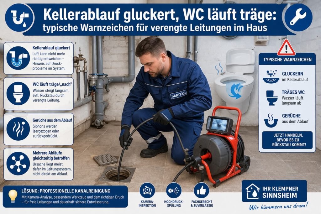 Sanitärtechniker reinigt Kellerablauf – gluckernde Geräusche und langsames WC als Warnzeichen für verstopfte Leitungen