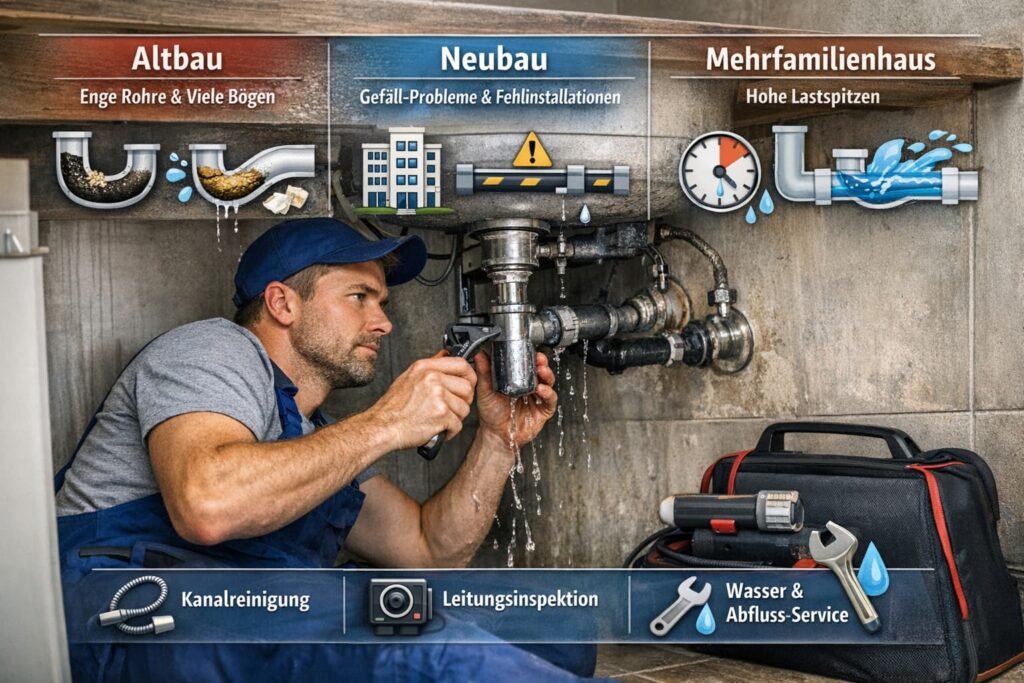 Klempner bei Rohrreparatur in Speyer mit Darstellung typischer Probleme in Altbau, Neubau und Mehrfamilienhaus