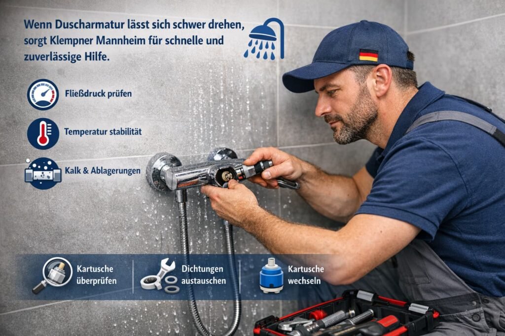 Reparatur einer schwergängigen Duscharmatur durch Klempner in Mannheim mit Fokus auf Kartusche und Wasserdruckprüfung