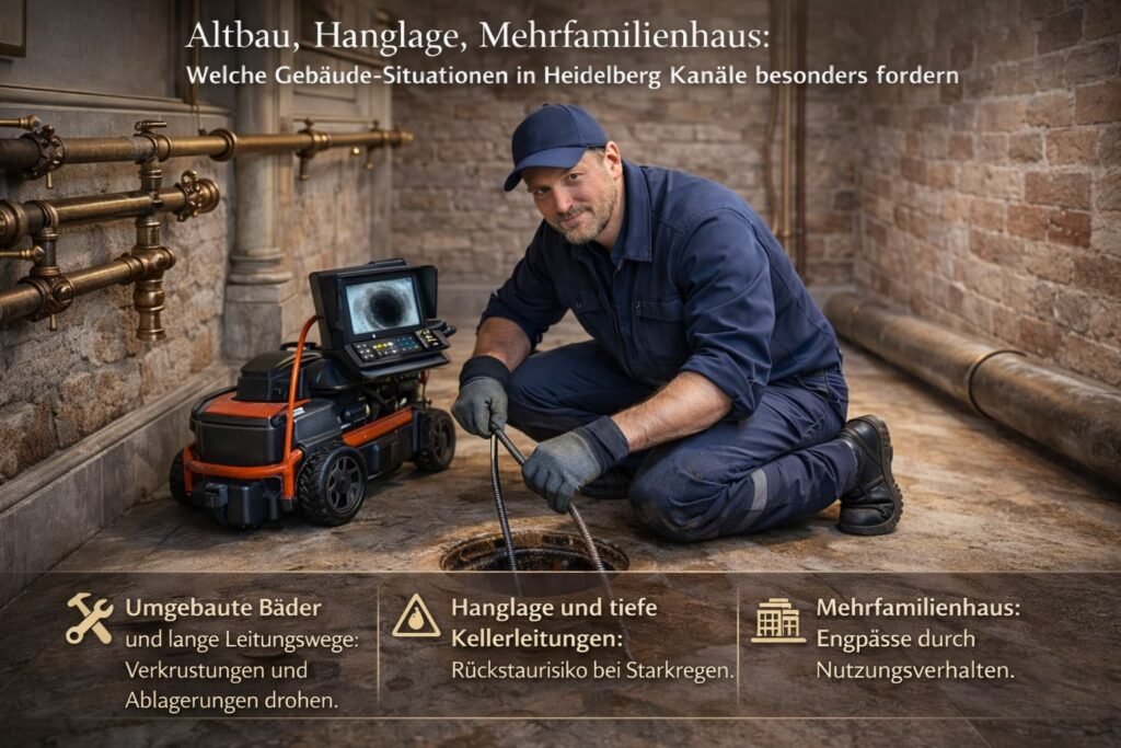 Klempner arbeitet an einer Kanalreinigung in einem gepflegten Gebäude in Heidelberg.