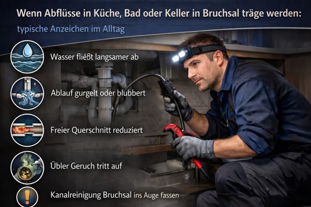 Klempner prüft verstopften Abfluss unter der Küchenspüle in Bruchsal.