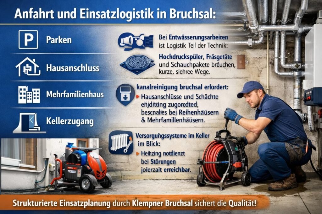 Klempner in Bruchsal bei der Kanalreinigung im Keller eines Mehrfamilienhauses mit professioneller Ausrüstung.