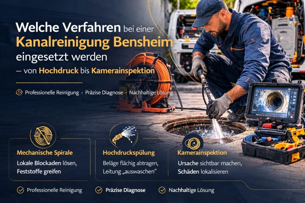 Klempner bei der Kanalreinigung in Bensheim mit Hochdruckspülung und Kamerainspektion zur Diagnose von Rohrproblemen.