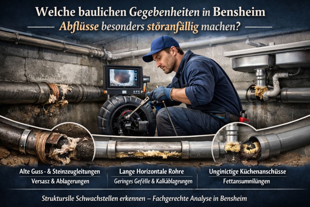 Klempner in Bensheim untersucht verstopften Abfluss und analysiert Rohrprobleme in alten Guss- und Kunststoffleitungen.