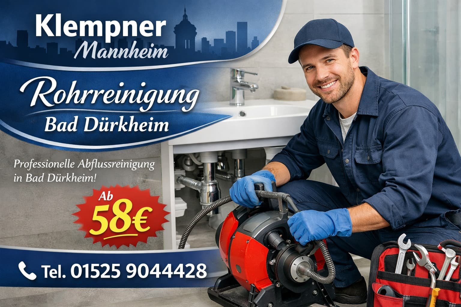 Klempner Mannheim Techniker bei der Rohrreinigung im Bad in Bad Dürkheim – professioneller Abflussservice ab 58€.