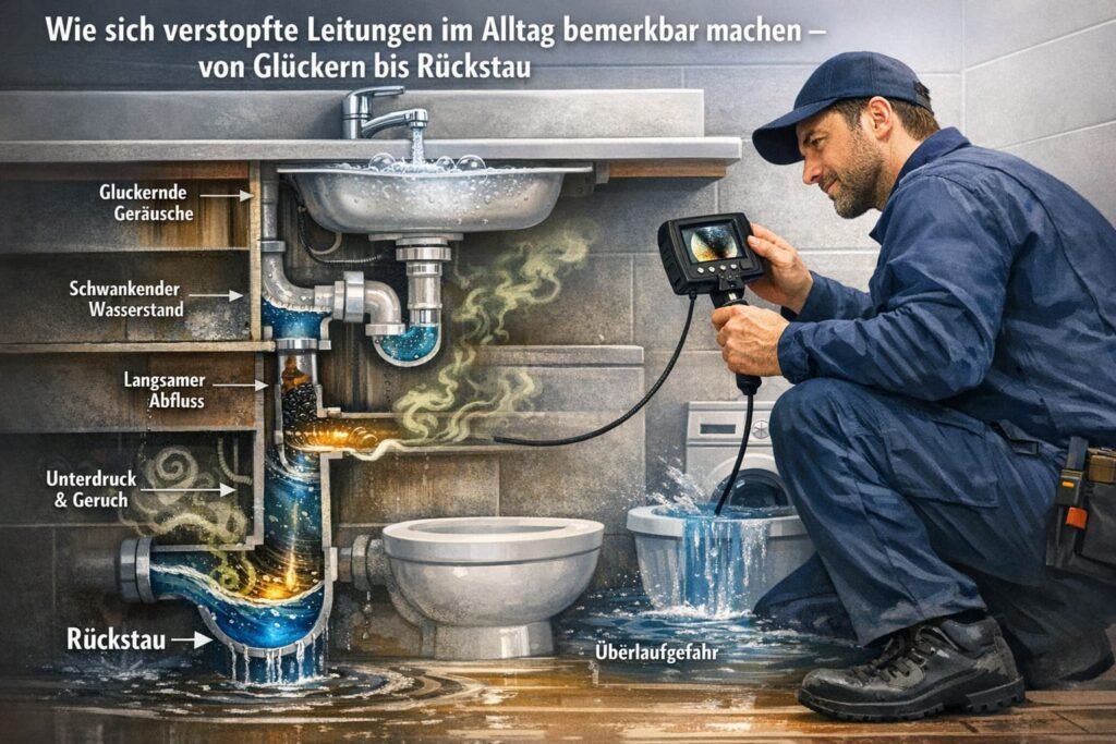 Klempner untersucht verstopfte Abwasserleitung unter dem Waschbecken – typische Anzeichen wie Gluckern, langsamer Abfluss und Rückstau sichtbar.