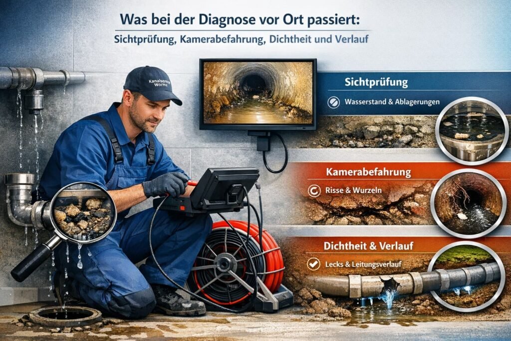 Klempner in Worms führt eine Kamerabefahrung zur Rohrdiagnose durch und überprüft Abflussleitung auf Verstopfung und Schäden.