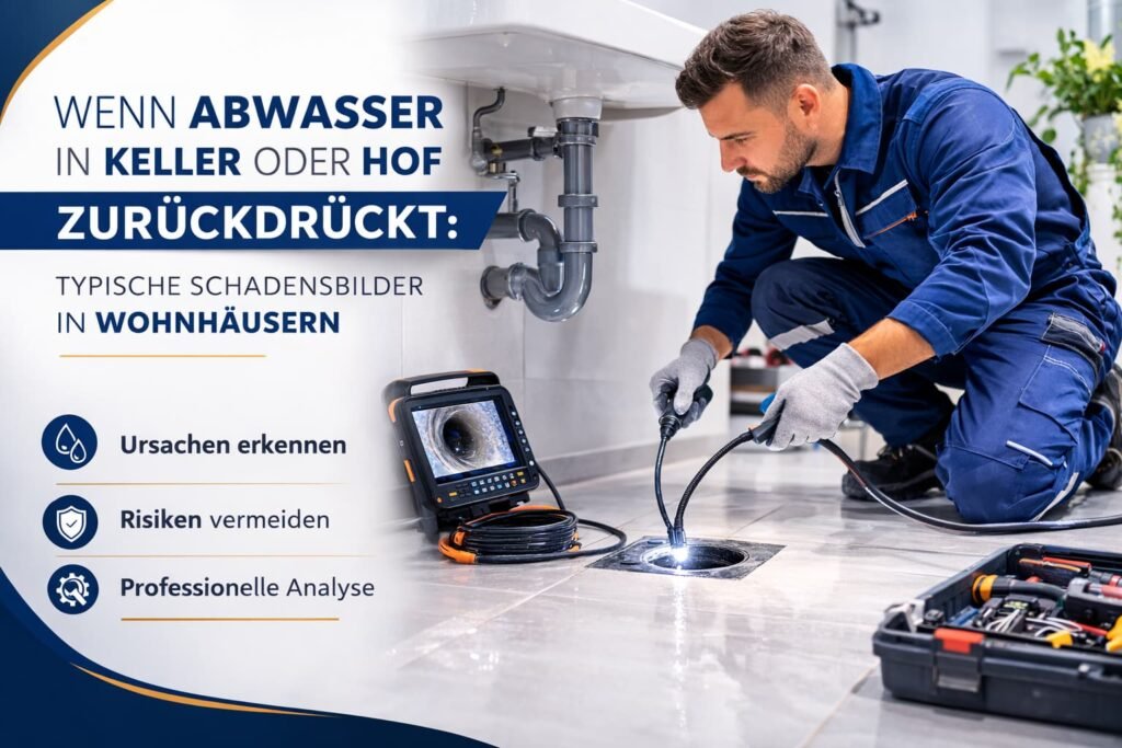 Klempner überprüft Abfluss im Keller wegen Abwasser-Rückstau in Wohnhaus