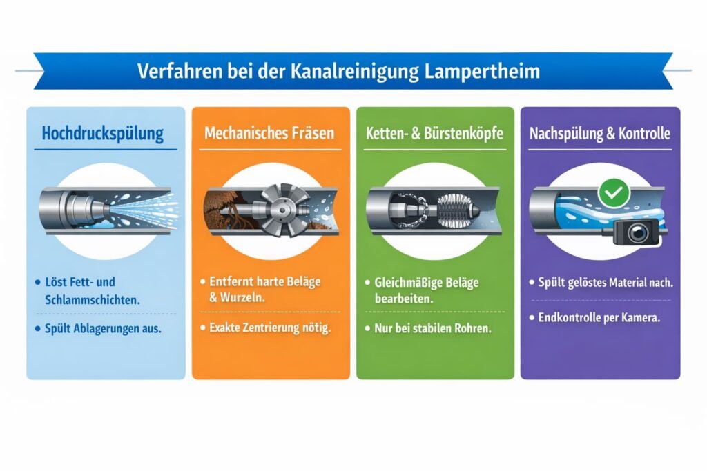 Welche Verfahren bei einer kanalreinigung lampertheim eingesetzt werden (Hochdruck, Fräsen, Spülen)