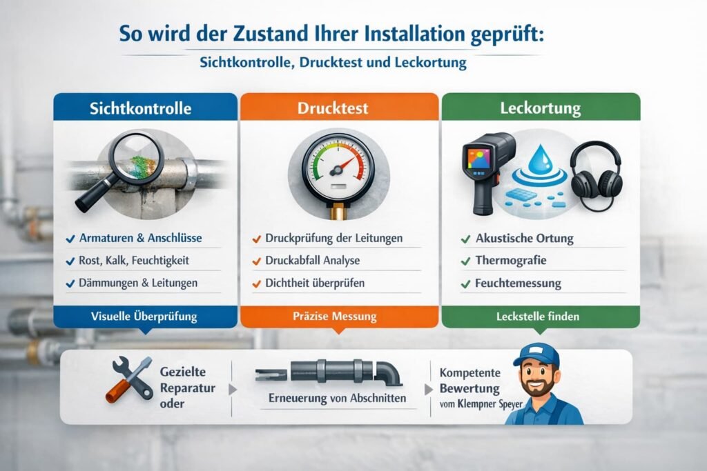 So wird der Zustand Ihrer Installation geprüft: Sichtkontrolle, Drucktest und Leckortung