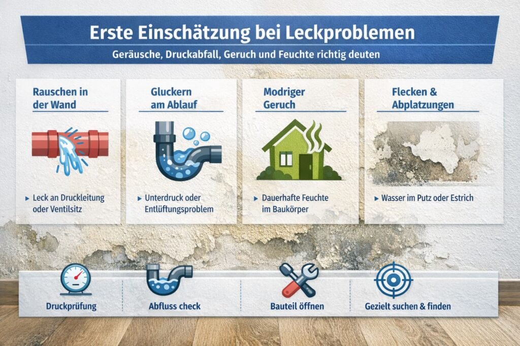 Was bei der ersten Einschätzung hilft: Geräusche, Druckabfall, Geruch und sichtbare Feuchte richtig deuten