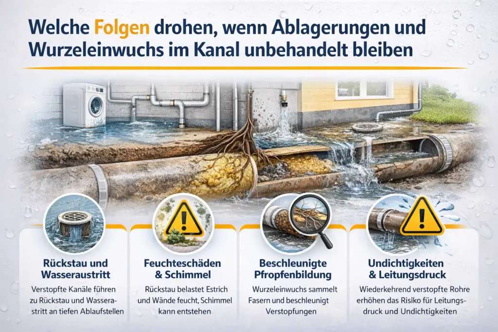 Welche Folgen drohen, wenn Ablagerungen und Wurzeleinwuchs im Kanal unbehandelt bleiben