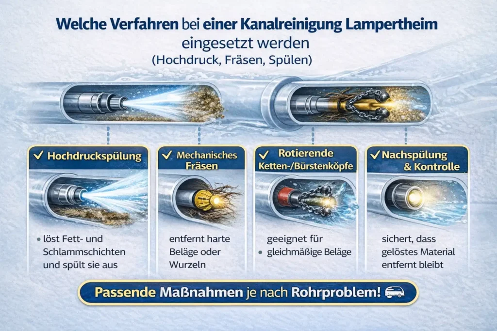 Welche Verfahren bei einer kanalreinigung lampertheim eingesetzt werden (Hochdruck, Fräsen, Spülen)