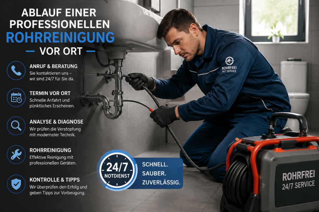 „Installateur bei der professionellen Rohrreinigung vor Ort mit moderner Ausrüstung.“