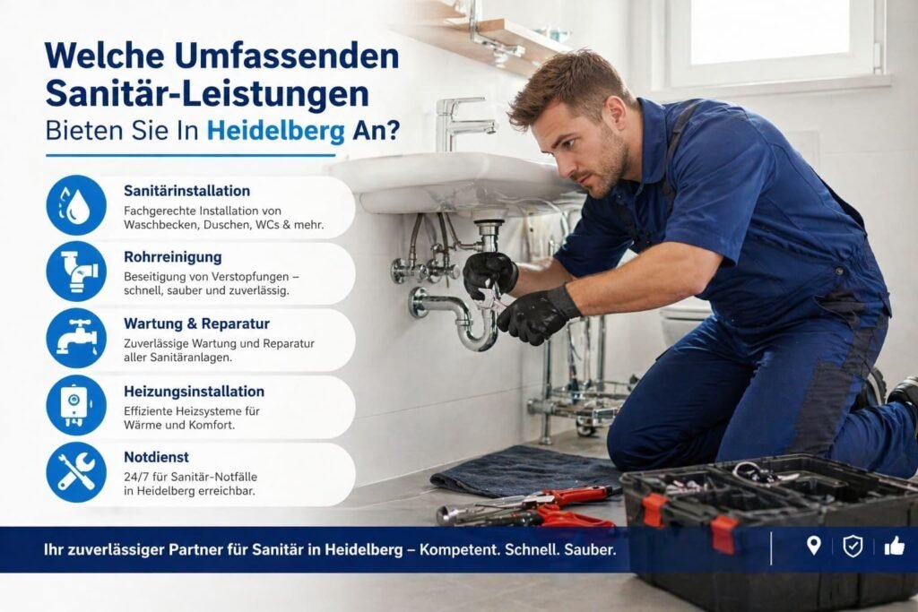 Installateur repariert Waschbecken und zeigt Sanitärservices mit Symbolen und Übersicht