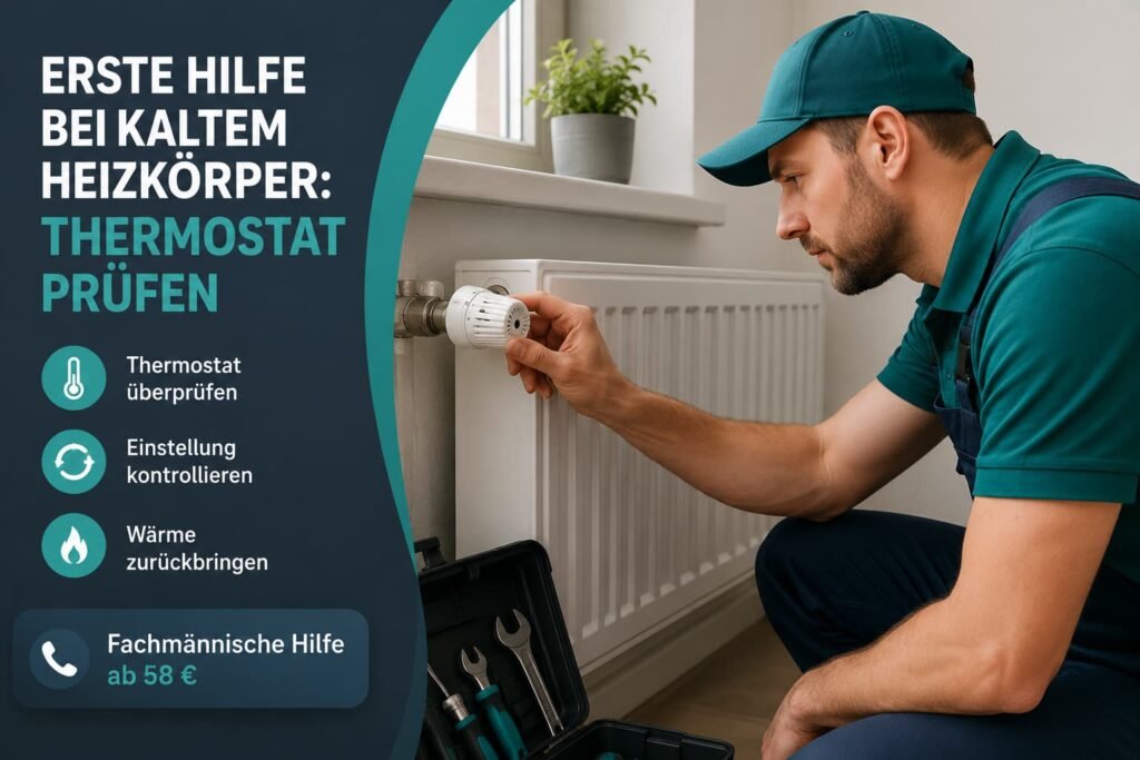 Klempner prüft das Thermostat eines kalten Heizkörpers zur schnellen Fehlerdiagnose und Heizungsreparatur.