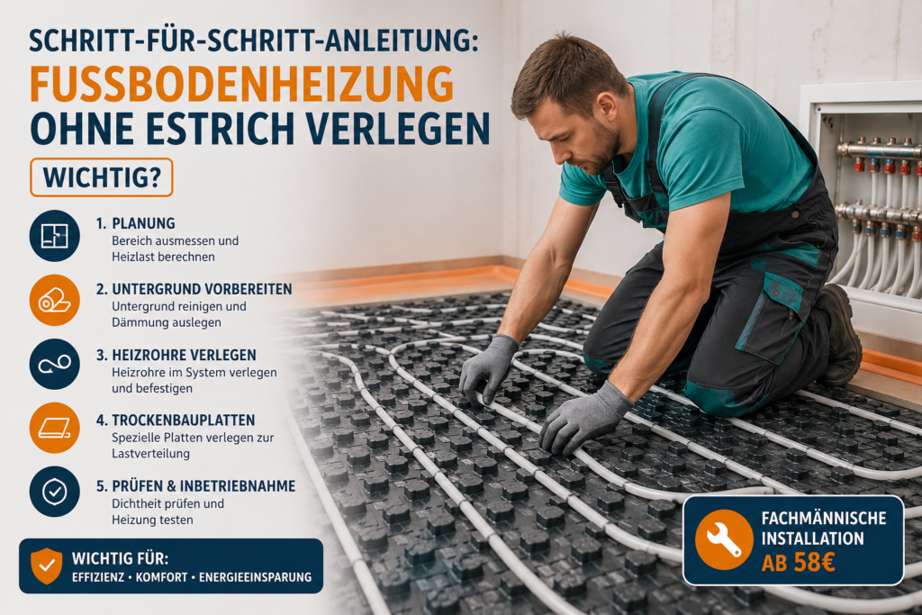 Klempner verlegt eine Fußbodenheizung ohne Estrich Schritt für Schritt im Wohnraum.