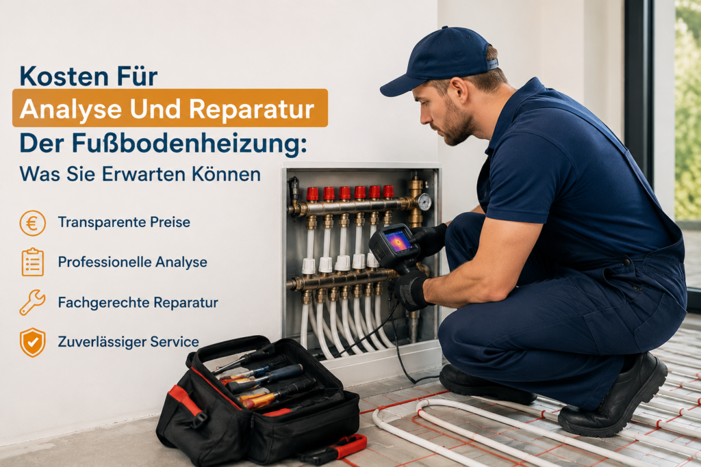 Techniker analysiert und repariert eine Fußbodenheizung im Haus