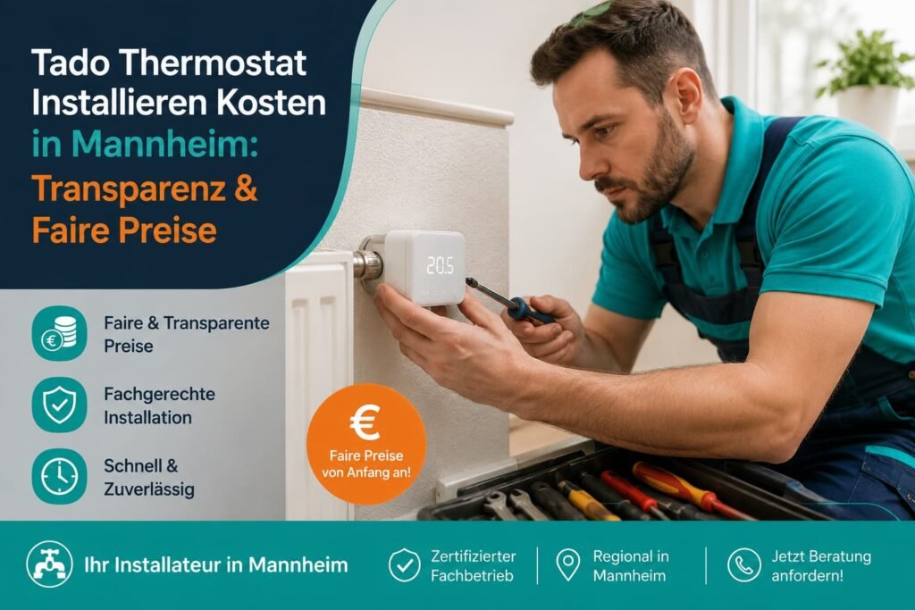 Fachmann installiert ein Tado Thermostat an einer Heizung in Mannheim.