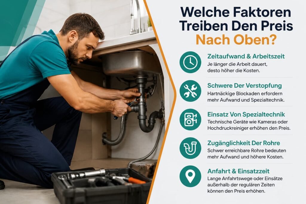 Professioneller Klempner bei der Reparatur einer Rohrverstopfung und Analyse der Kostenfaktoren.