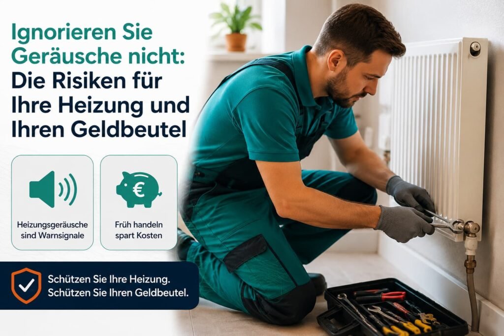 Heizungsmonteur repariert einen Heizkörper und behebt Heizungsgeräusche in einem Wohnhaus.