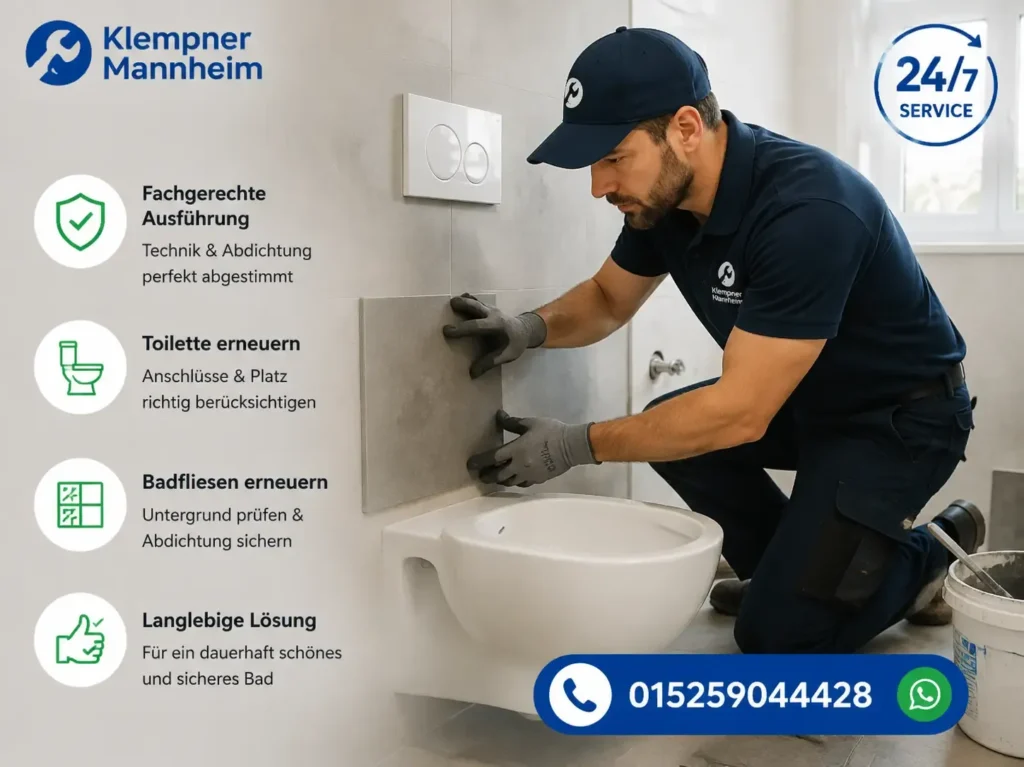 Fachmann bei der Renovierung eines modernen Badezimmers mit Fliesenarbeiten und Montage