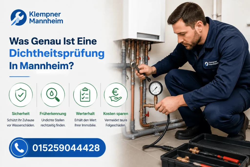 Fachkraft prüft Rohrsystem mit moderner Messtechnik in Innenraum.