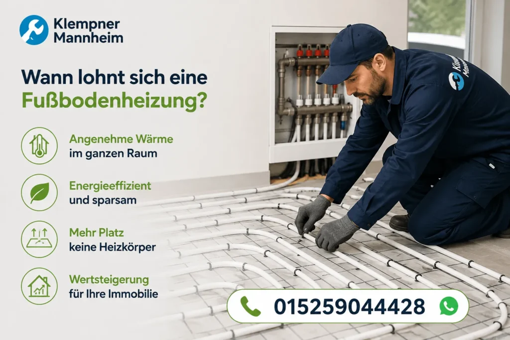 Klempner bei der Installation einer modernen Fußbodenheizung.