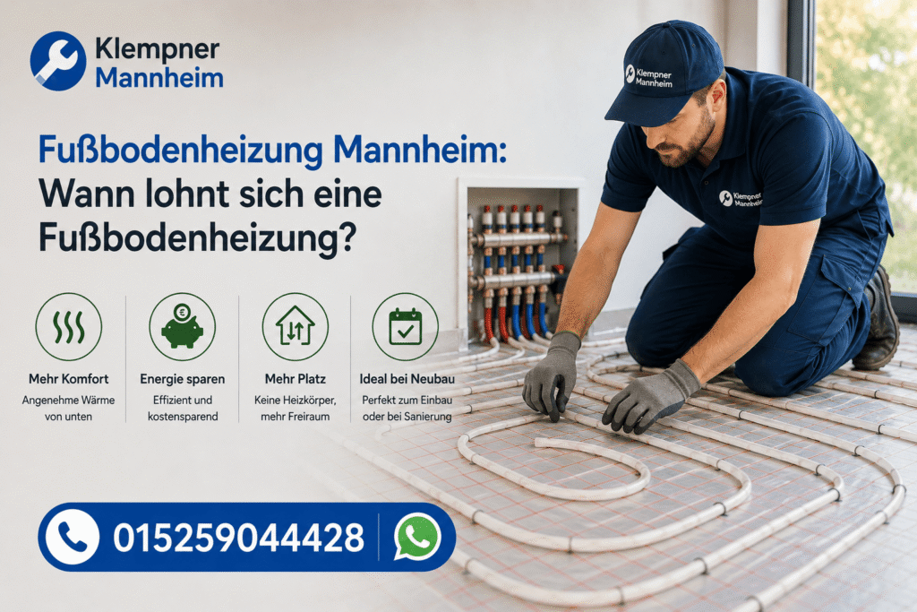 Heizungsfachmann bei der Installation einer Fußbodenheizung mit Heizrohren und Verteiler.