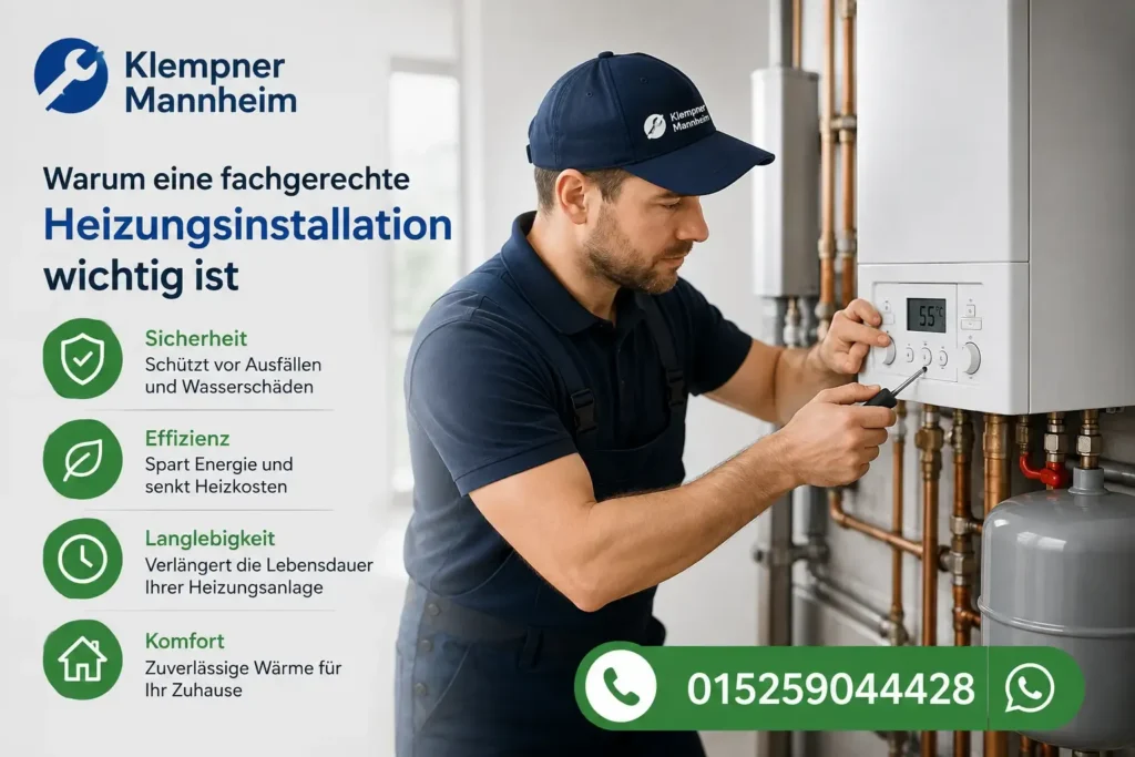 Fachmann bei der Heizungswartung mit vier wichtigen Vorteilen und Kontaktnummer.