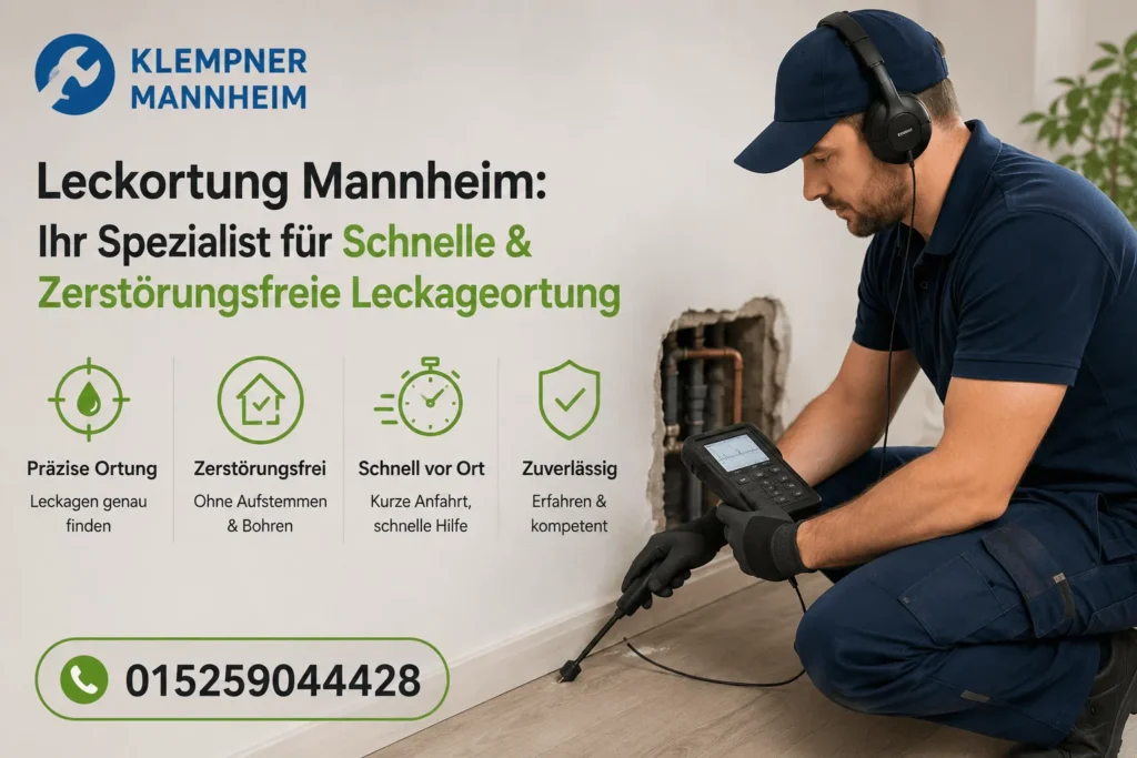 Techniker prüft eine undichte Rohrleitung mit modernem Messgerät.
