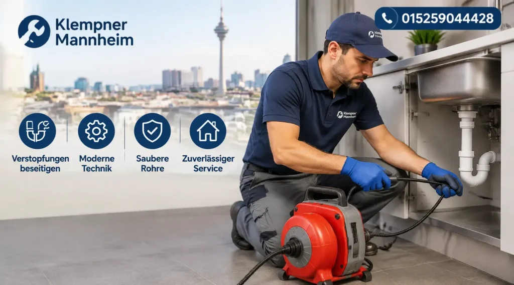 Professioneller Handwerker bei der Reinigung eines verstopften Abflusses mit moderner Ausrüstung.