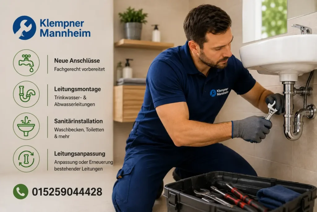 Fachgerechte Sanitärinstallation mit einem Klempner bei der Arbeit.
