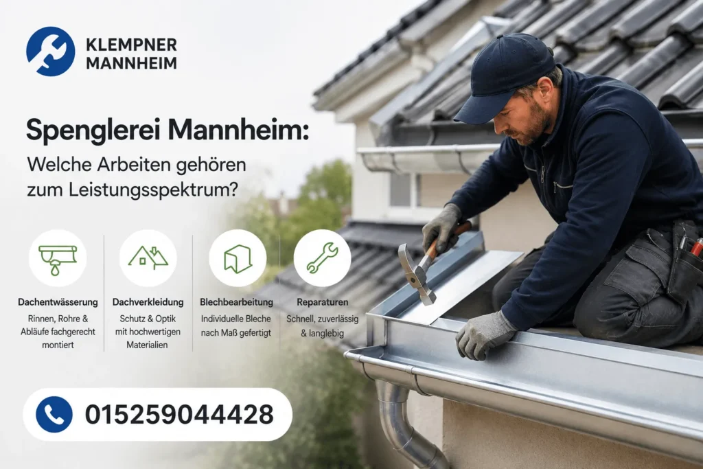 Klempner bei der Reparatur einer Dachrinne mit Werkzeugen auf einem Hausdach