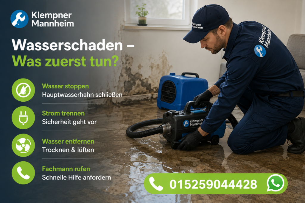 Wasserschaden – Fachmann entfernt Wasser in einem Raum.